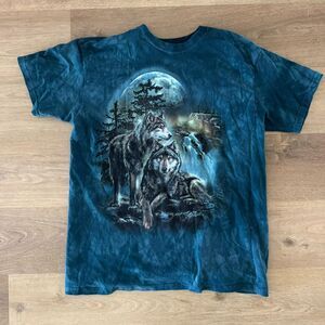 The Mountain Shirt Mens Moon Wolf Wildlife Tie Dye Cotton Blue graphic tee